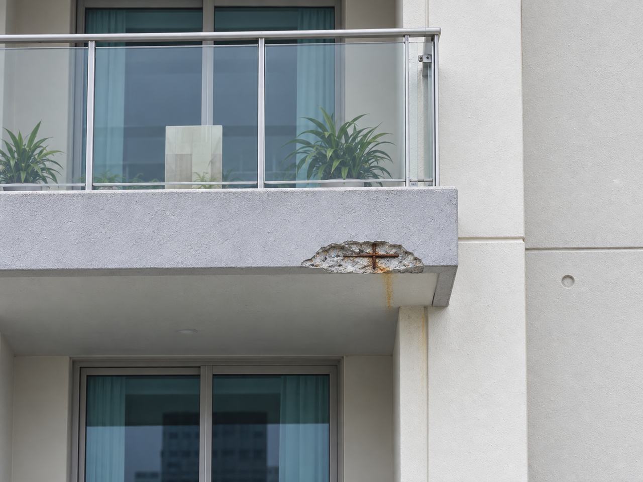 Close-up of a balcony slab edge with spalled concrete, exposed reinforcement and rust staining below