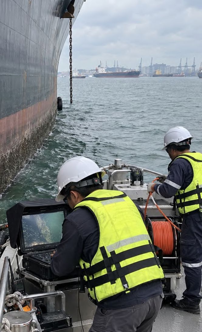 A dive support crew on a boat beside a ship's hull at anchorage, one watching the topside monitor, one handling the umbilical