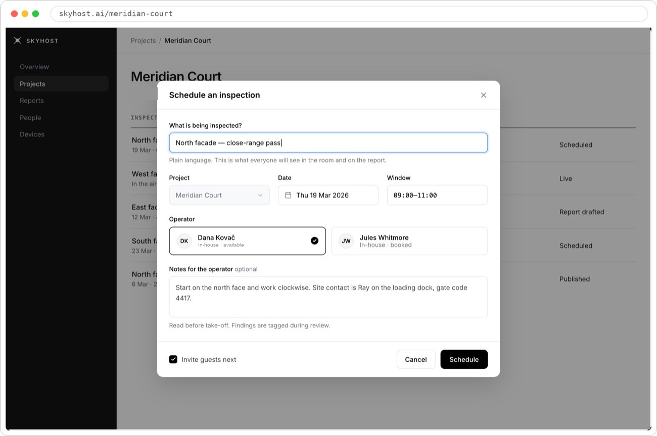 Skyhost Schedule: the Schedule an inspection form for Meridian Court, with the north facade pass, date, time window, operator and notes for the operator